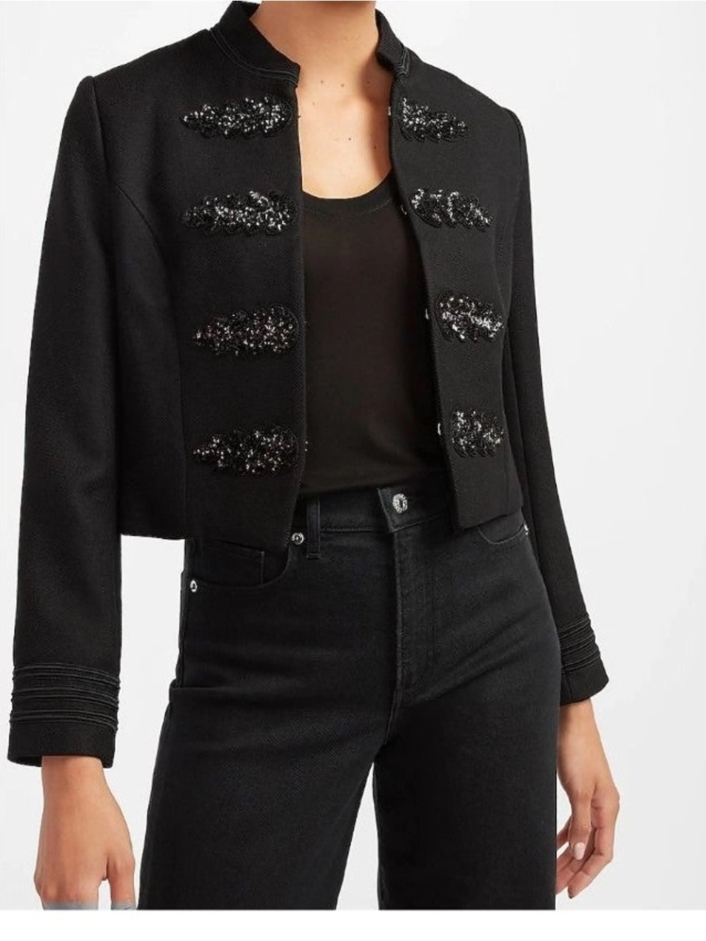 Express Black Embellished Military-Inspired Cropped Jacket